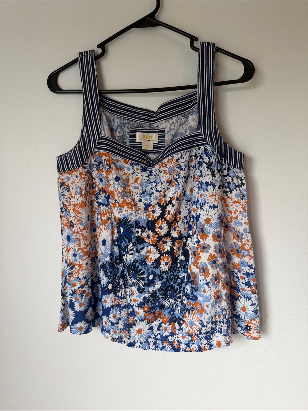 Maeve Blue & Orange Floral Sleeveless Tank with Striped Trim